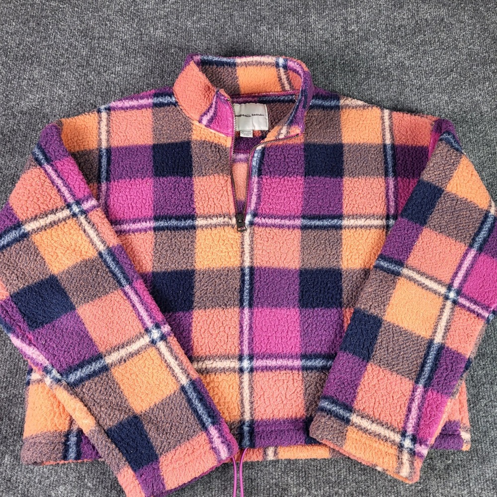 American Eagle Womens XS Plaid Sherpa Fleece Quarter Zip Pullover Pink Orange